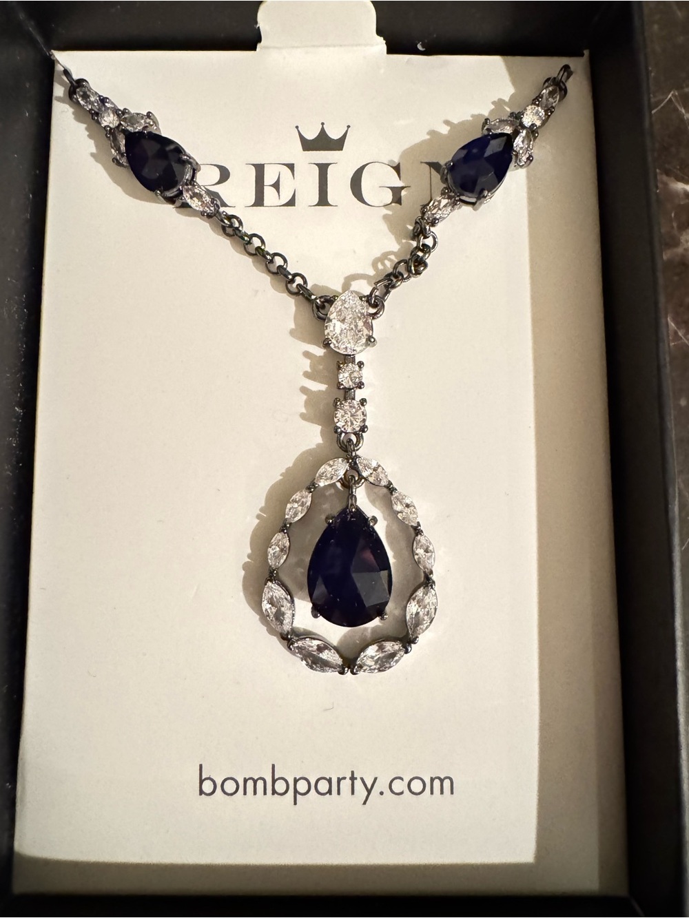 Bomb Party Reign Villian Teardrop Necklace with Sapphire and Crystal Accents